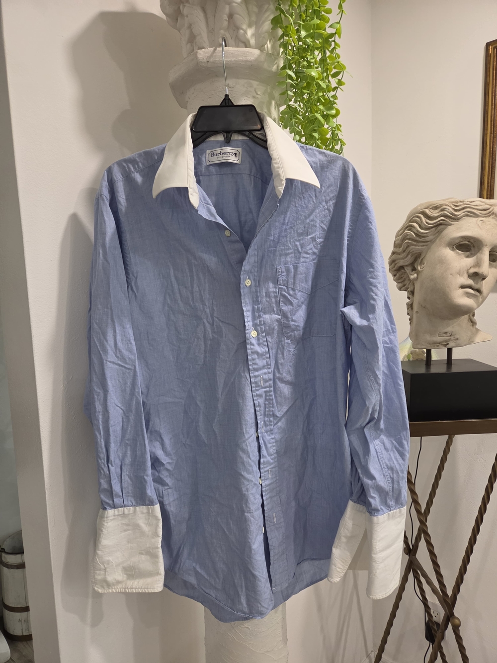 Burberry Light Blue Dress Shirt with White Collar and Cuffs. Vintage